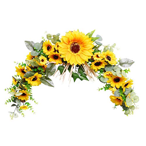 Articifical Sunflower Swag,23 Inch Rustic Artificial Floral Swag,Farmhouse Door Wall Hanging Wreath,Handmade Garland Decorative Swag with Sunflower and Green Leaves for Wedding Arch Front Door