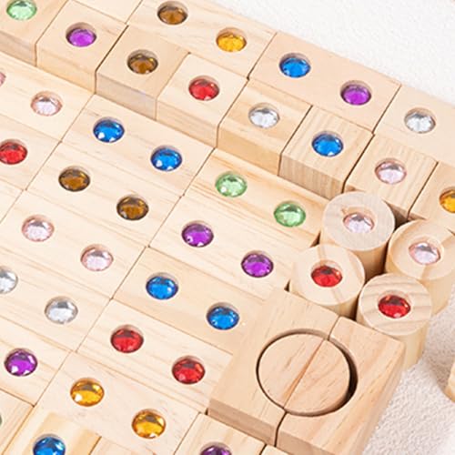 EUBSWA Regenbogen Bausteine Stapelspielzeug 50 Stück, Holzbausteine Stapelblock mit Acryl Edelstein, Sensorik Konstruktions Pädagogisches Lernspielzeug für Kinder