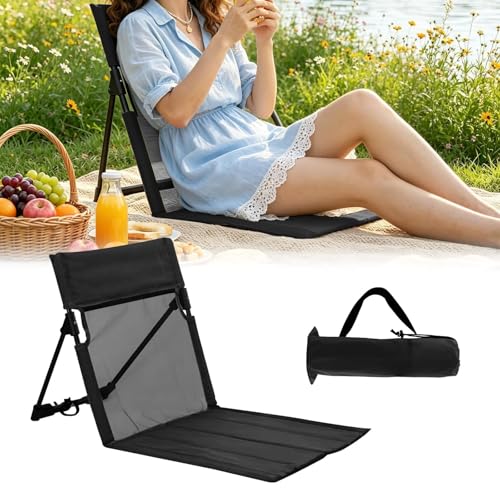 MeYuxg Esterilla de playa con respaldo, silla de suelo plegable larga para exteriores, esterilla de playa, plegable, ligera, con bolsillo, respaldo para playa, para camping, playa (negro, variante