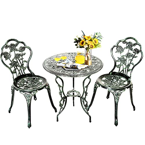 RELAX4LIFE Ensemble Salon de Jardin avec 1 Table et 2 Chaises, Set de Bistro en Alu Fonte avec Apparence Vintage, Bronzé, pour Jardin, Balcon, Terrasse (Fleur...