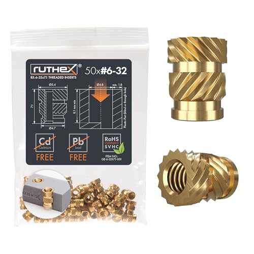 ruthex #6-32 Threaded Inserts - 50 Pieces RX-6-32x7.1 Brass Heat Set Insert for Plastic Parts - Inches knurled Nuts - Insert by Heat into 3D Printing Components