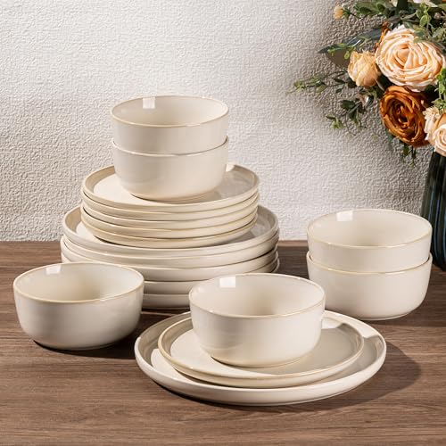 Image of GBHOME Dinnerware Sets for 4, 12 Pieces Stoneware Plates and Bowls Sets, Scratch Resistant Dishes, Dishwasher & Microwave Safe, Reactive Glaze-Vanilla color