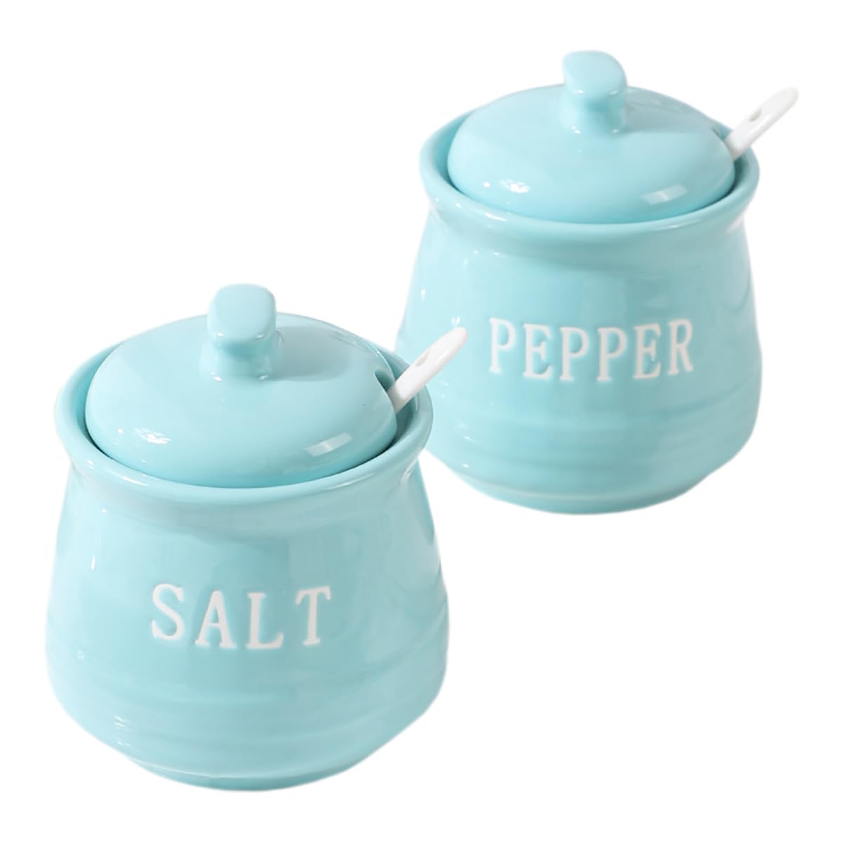 Sizikato 2 Pcs Blue Porcelain Condiment Pot with Lid and Spoon, 10 Oz