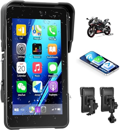 CAMECHO Motorrad Carplay Navi Bildschirm mit Drahtlosem Carplay Android Auto IP68 Wasserdichter Navigationsgeräte, 5 Zoll Touchscreen Bluetooth Display für Motorräder 12V