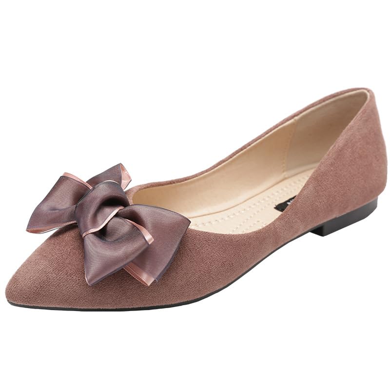 Women's Bow Ballet Flats Comfortable Suede Pointed Toe Low Heel Flats, Dressy Casual Slip On Walking Shoes for Women