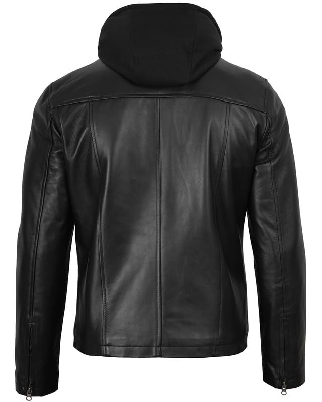 Image of Decrum Hooded Leather Jacket Men | Real Lambskin Leather, Detachable Hood, Zip Closure, Multiple Pockets, Polyester Lining