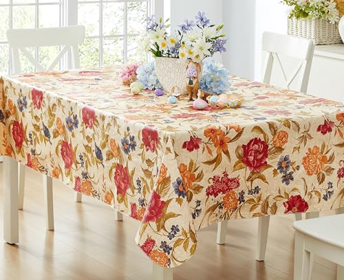 Newbridge Nicolette Multicolor Floral Vinyl Flannel Backed Tablecloth, Traditional Tapestry Flower Design, Easy Care Wipe Clean Indoor Outdoor Table Cover, 52 x 52 Inch Square