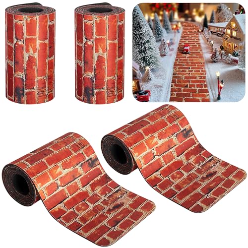 Iceyyyy 4 pezzi di strada di mattoni rossi del villaggio di Natale, 110 x 11 cm, tagliabili, paesaggi di Natale, paesaggio, strada, paesaggio, in miniatura, accessori per fai da te, casa, giardino