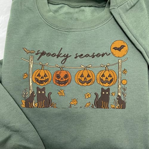 Spooky Season Cat & Pumpkin Embroidered Halloween Sweatshirt – Cute Fall Crewneck, Cozy Autumn Pullover, Festive Halloween Party Shirt Multi4