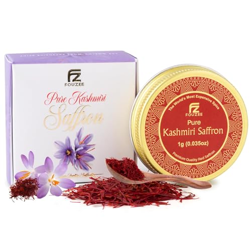 FOUZEE Pure Kashmiri Saffron Threads for Cooking, Spice, Spanish Foods. Finest Dark Red Saffron Delicious with Persian Rice, Tea, Golden Milk, Desserts, Rissoto. Saffron Pack 1g