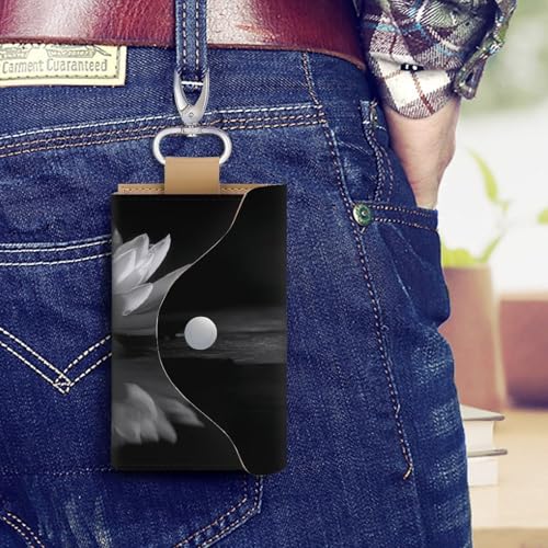 Black And White Water Lily Key Holder Bag PU Leather ID Card Holder Keychains Case Cover for Men Women4