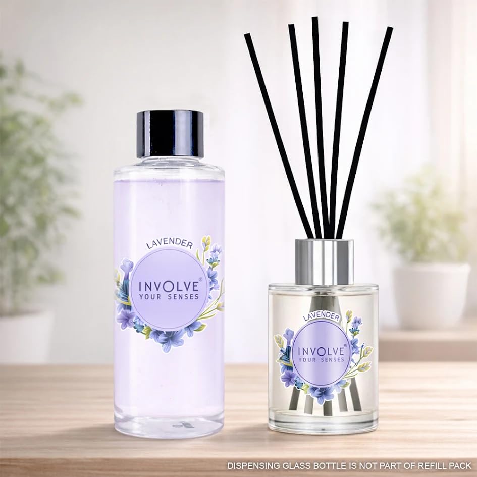 Image of Involve Lavender Reed Diffuser Refill with Free 10 Reed Sticks - 120 ml | Long-Lasting Home Aroma Diffuser for Living Room, Bedroom & Gifting | Home Decor | Home Fragrance | Diffuser for Home