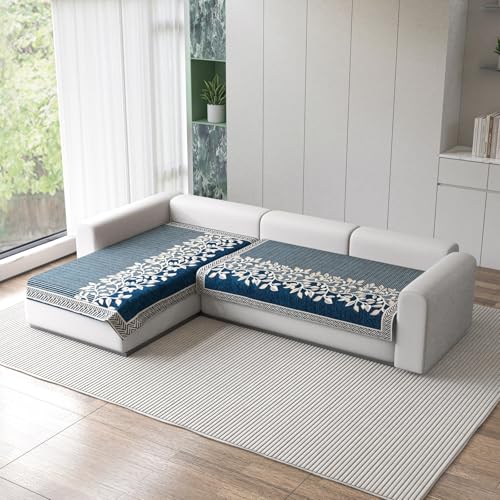 Image of Nendle Superior Velvet Floral Sofa Mat 4 Seater Set Cover Durable Protector for Living Room Sofa Set 2+2, Suitable for L Shape, Sectional and U Shape Sofa (Color Blue, Pack of 2)