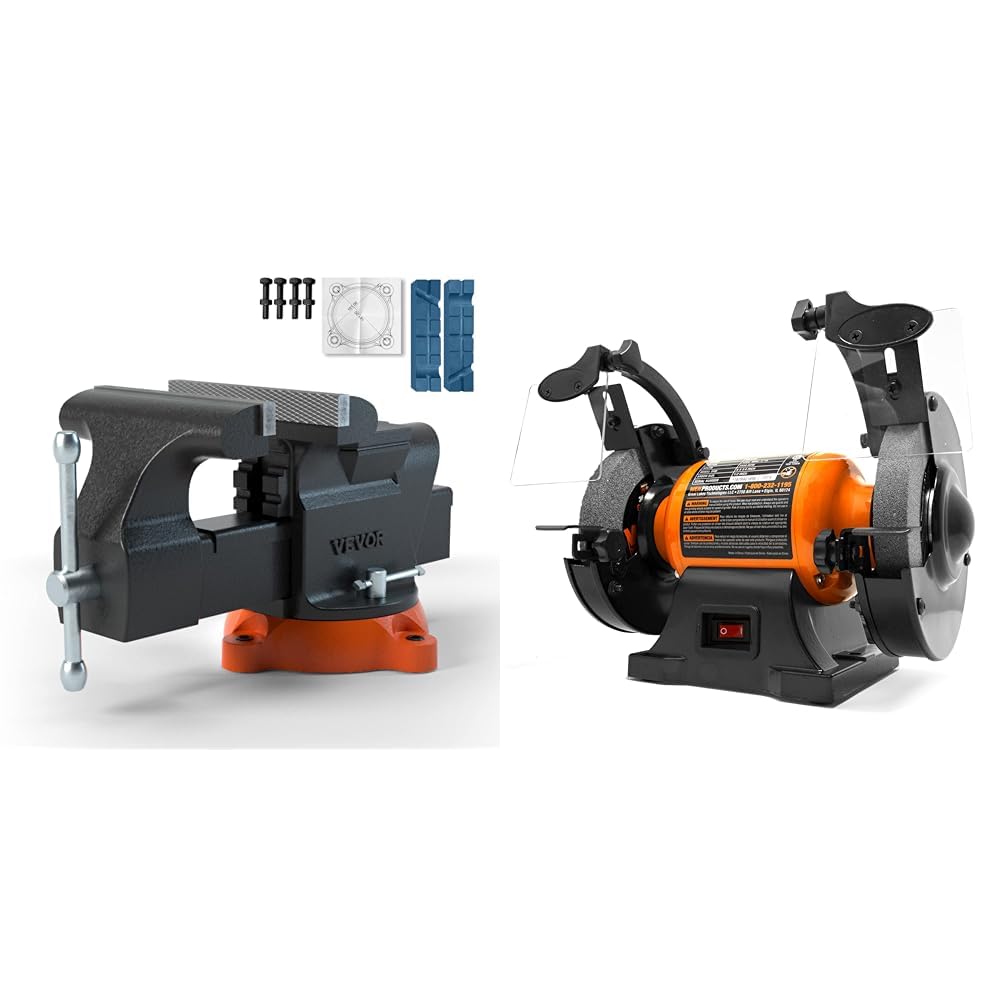 VEVOR Bench Vise, 6-inch Jaw Width 5.9-inch Jaw Opening & WEN BG4260 2.1-Amp 6-Inch Single Speed Bench Grinder, Orange,black