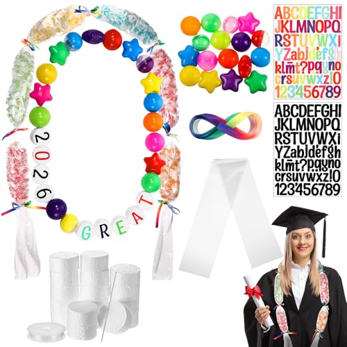 Soulchen 42 Pcs Graduation Candy Lei Making Kit and DIY Class of 2026 Giant Friendship Bracelet Garland Letters Stickers Ball Foam Lei Tubing Rainbow Ribbon for Graduation Party Gift(Candy Color)