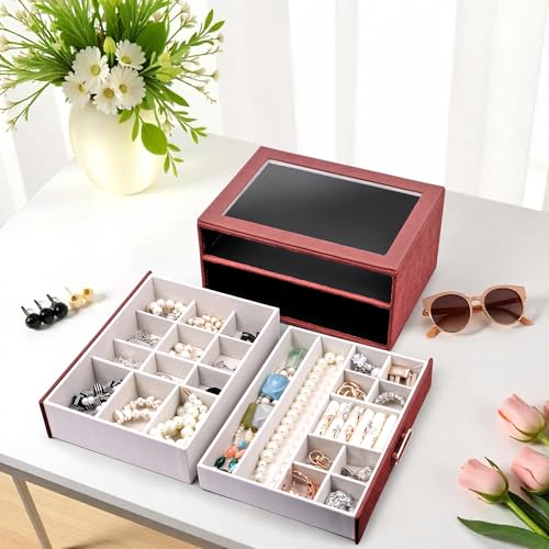 Image of BucketList Premium PU Leather Jewellery Organizer Box with Glass Lid | 2 Pull-Out Drawers Multi-Compartment Storage for Rings, Earrings, Necklaces & Bracelets (2-Layer Jewelry Box (Red))
