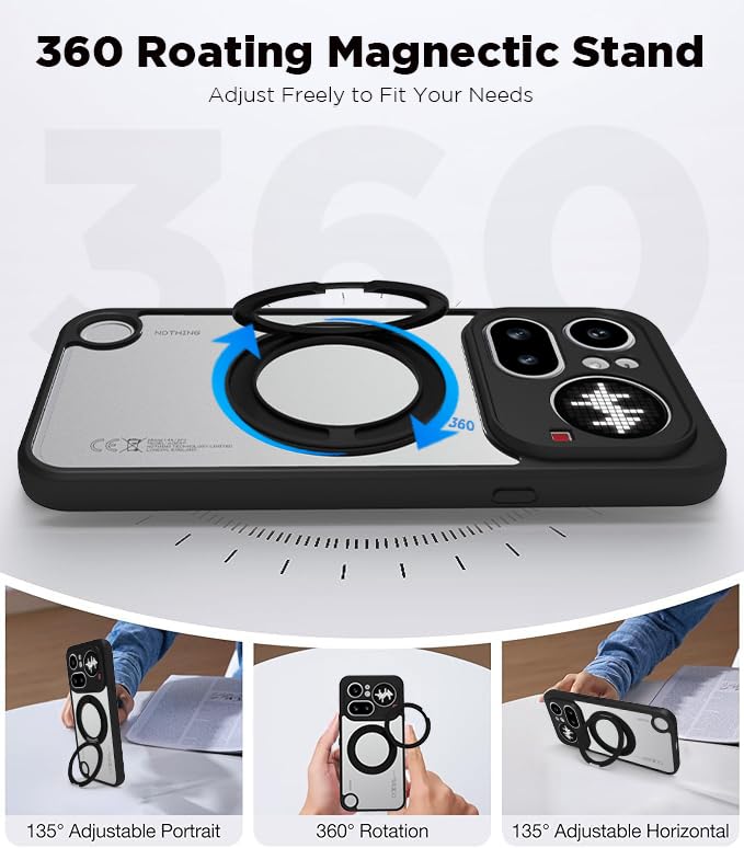 Image of RIGGEAR Shockproof Sleek Hybrid Armor 360 Rotating Magnetic Ring Stand Back Cover Case Compatible with MagSafe Accessories for Nothing Phone 4a Pro 5G (Clear PC + Black TPU Bumper)