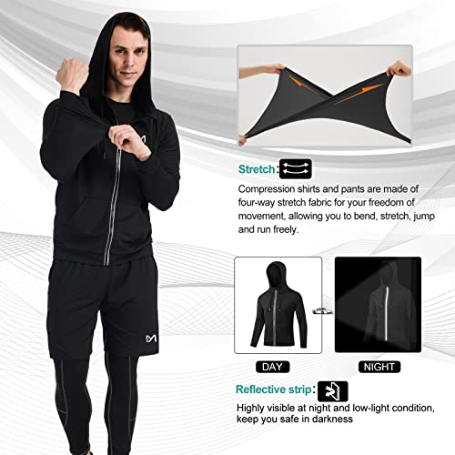 Meetyoo 5Pcs Men's Compression Sets Pants Long Sleeve Shirt Athletic Shorts Running Jacket, Black, Large #TOP3