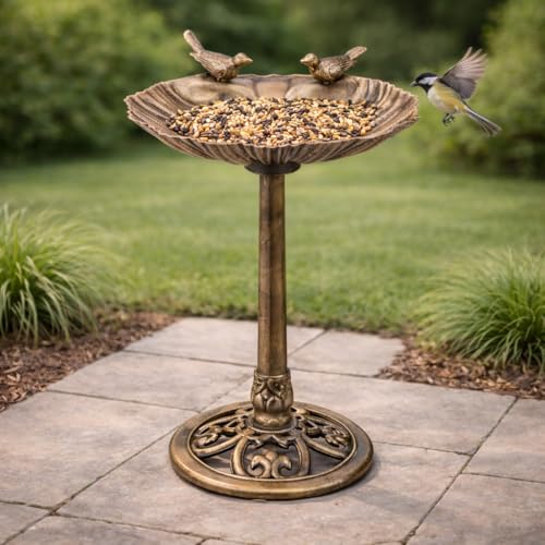 Garden Mile Bronze Effect Garden Bird Feeder & Bath 79cm Freestanding Outdoor Bird Feeding Station with Large Bowl Bird Bath Weather Resistant Plastic Wild Bird Feeder Stand for Patio, Lawn & Balcony