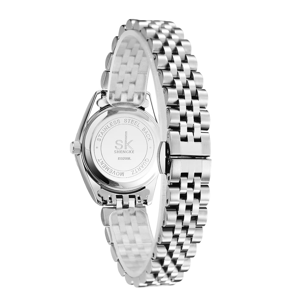 SHENGKE Donna cristallo accentato con banda in lega d'acciaio solido orologio Elegante vestito orologi al quarzo calendario per le donne