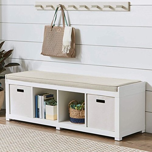 Comfortable Neutral Beige-Toned Faux Linen Upholstered Cushion Organizer Bench (4-Cube, White)