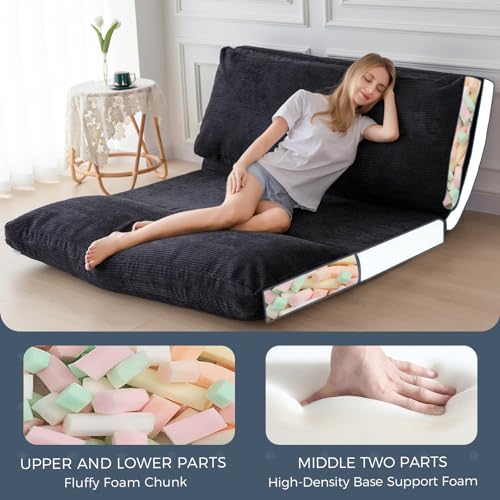 Image of MAXYOYO Folding Sofa Bed, Extra Thick and Long Floor Sofa Convertible Chair with Washable Cover, Floor Couch Lounge Bean Bag Bed for Living Room, Black, 39x91 Inch