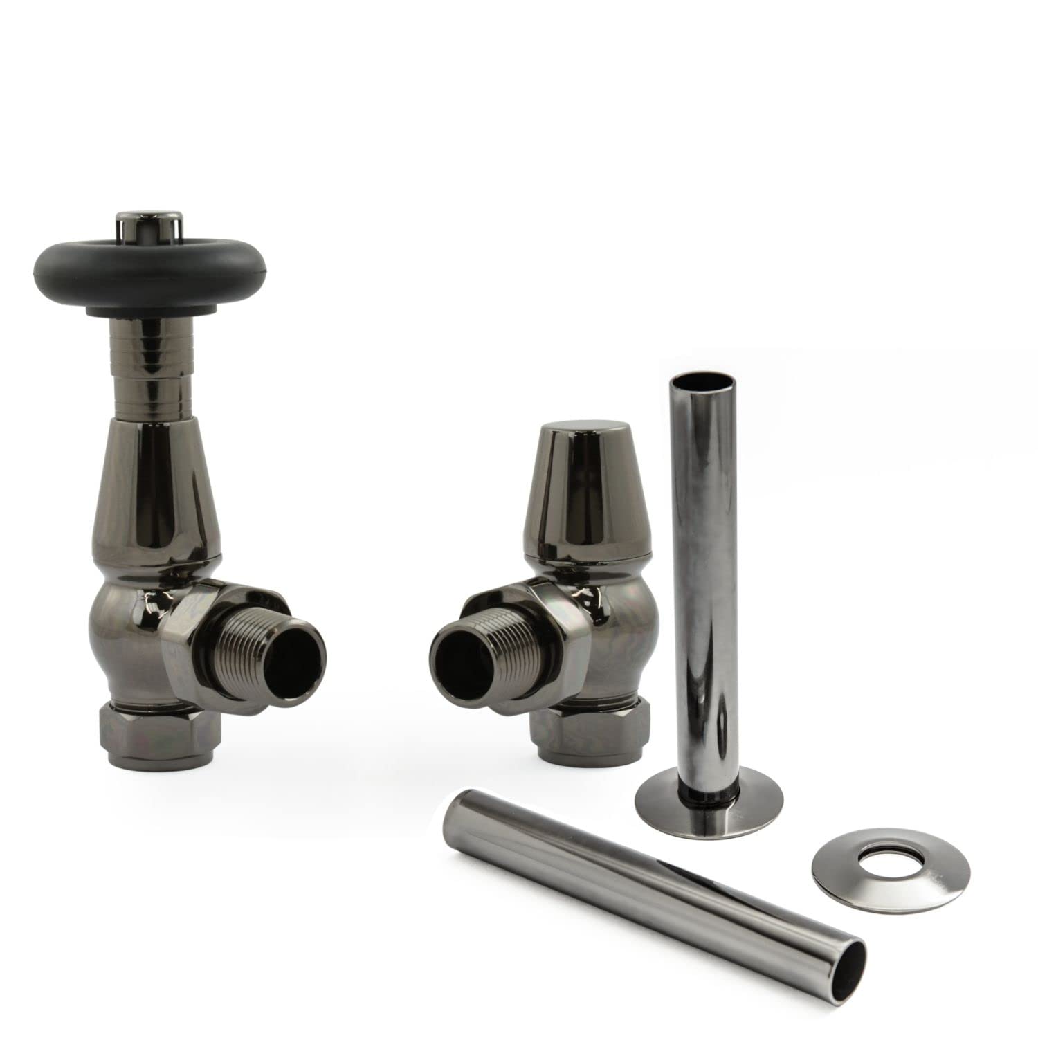 Hot Flow Black Nickel Jordan Angled TRV Thermostatic Radiator Valve (Pair) Includes Angled TRV Body, Wheel Head, Lock Shield & Pipe Sleeve for Quick & Easy Temperature Control. โ image 1