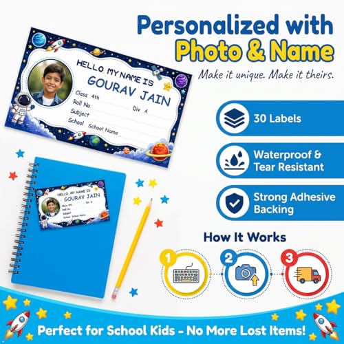 Image of Personalized School Name Labels for Kids with Photo | Waterproof Custom Sticker Set for NoteBooks | Self Adhesive Vinyl with Child Name, Class, Division | 3.5 x 2 Inches | 30 PCS (BDS-1)