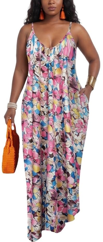 Image of Women's Casual Summer Maxi Dresses Sleeveless Adjustable Spaghetti Strap Loose Plus Size Dresses