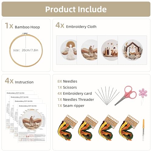 Image of KEKEMEOW 4 Pack Christmas Greetings Embroidery Starters Kit for Beginners Embroidery Starting Sets for Adults with Stamped Patterns Colorful Threads Step by Step Instructions Hoop Needles Tools