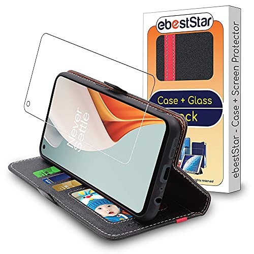 ebestStar - Funda para OnePlus Nord N100, Carcasa Libro Capa, Protectora Cartera, Cuero PU Soporte Tarjeta, Negro/Rojo + Cristal Templado