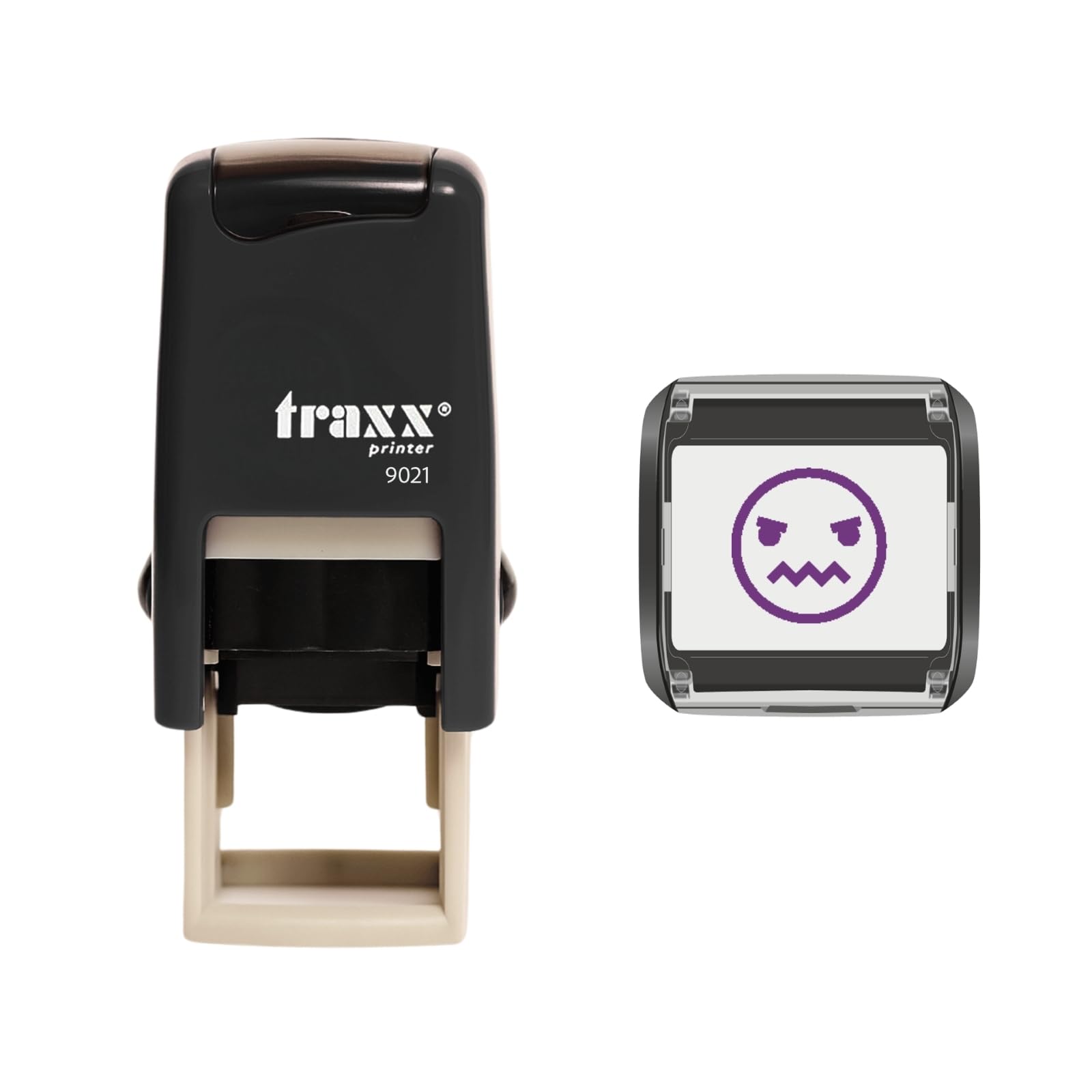 Traxx 9021 Loyalty Card Self Inking Rubber Stamp *an Angry Face Emoticon in Violet Ink* โ image 1