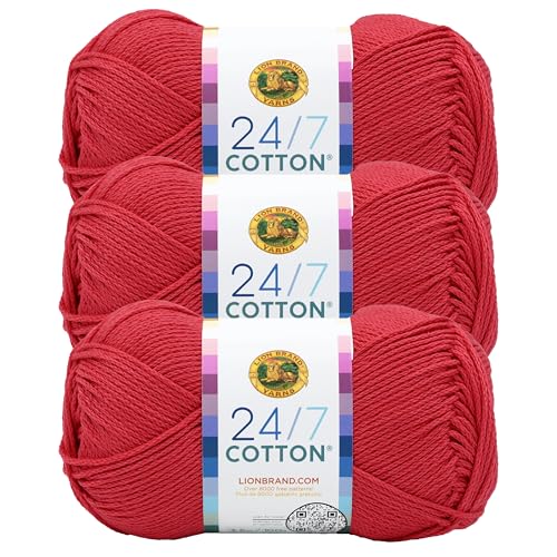 Image of Lion Brand Yarn, 24 /7 Cotton Yarn, Cherry Pop, Red, 3 Pack | Light Worsted 100% Mercerized Cotton Yarn for Crochet, Knitting, Craft, 185 Yards of Natural Fiber for Tees, Bags, Dishcloths