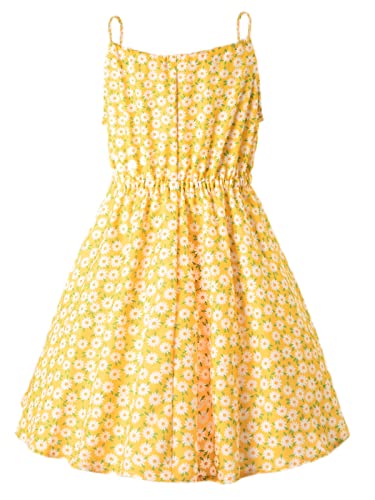 HILEELANG Little Girls Summer Hawaiian Dress Slip Spaghetti Strap Cold Shoulder Sleeveless Yellow Daisy Floral A-line Beach Sundress 5T2