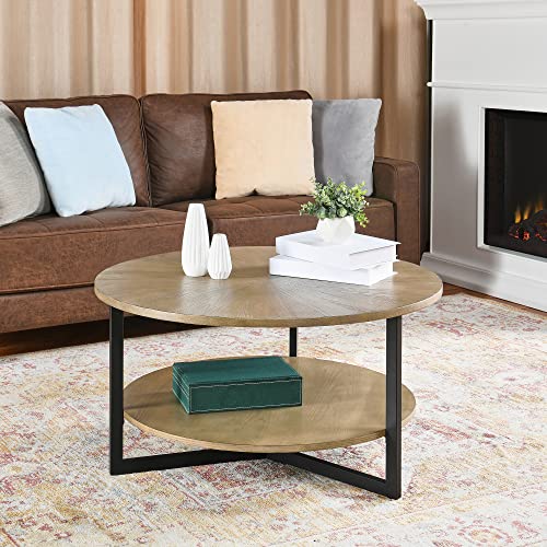 Leemtorig Round Wood Coffee Table Living Room, 33.5" Circle Coffee Table With Storage, Farmhouse Solid Wood Coffee Table, Yellowish Brown Wood Tabletop & Black Metal Frame, Kfz-1338 #TOP4