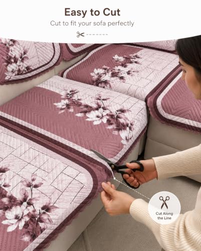 Image of Printed 7 Seater L-Shape Sofa Cover with Arm Covers, Quilted Texture, Sectional Couch Protector for Living Room-Pack of 15 (Pink Bloom)