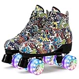 Rollschuhe Damen Erwachsene Quad rollerskates mädchen LED mit Licht High-Top Jugendliche Roller Skates für Indoor Outdoor Doppelreihig Vierrädrig,涂鸦-38