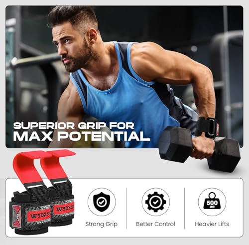Image of WYOX Weight Lifting Hooks for Men & Women - Heavy Duty Gym Hooks with 8mm Padded Wrist Support Grips to Lift Heavier, Reduce Grip Fatigue & Improve Performance for Deadlifts, Pull Ups & Rows, Pair of 2