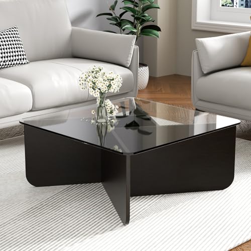Moderna mesa de centro de cristal con base de madera maciza, ideal para sala de estar, sofá frontal y mesa auxiliar