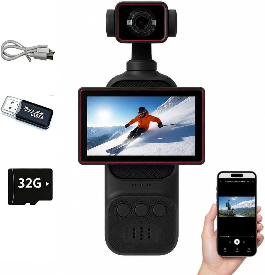 Handheld Pocket Action Camera with Electric 270° Rotatable Lens, 2.78 Inch Screen Portable Vlog Camcorder for Cycling Travel Daily Vlog Recording, Included 32GB TF Memory Card