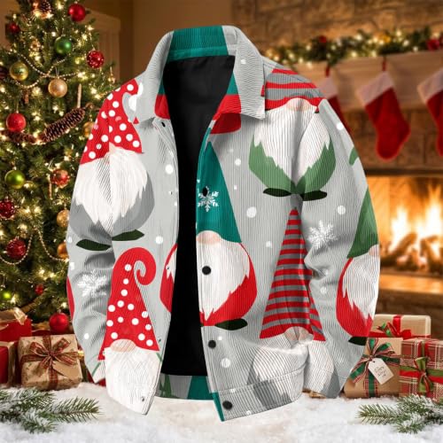 Mens Corduroy Jacket Vintage Christmas Print Casual Lapel Collar Coat - image 3
