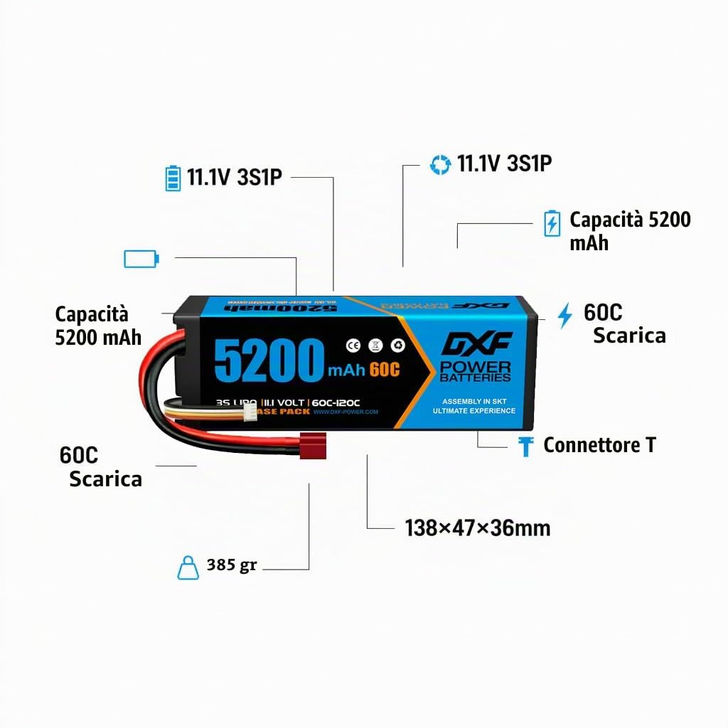 DXF Confezione da 2 confezioni da 3 batterie lipo 5200 mAh, 11,1 V, 60C, con spina Deans/T– lipo 3s perfetto per auto rc, aereo, elicottero, camion 3s lipo ideale per veicoli 1/8 e 1/10 come Tamiya