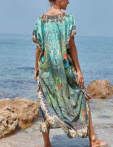 Bsubseach saída de praia feminina casual estilo caftan vestido de manga curta, Peacock Feather, One