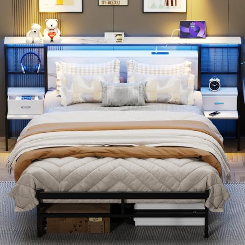 Opiniones de Cama Matrimonial Con Individual Abajo los 5 más buscados. 50 Cuezal Base Cama Matrimonial, con Cabecera de Almacenamiento, 1.4M Base de Cama Matrimonial con LED y Estación de Carga, Dos mesitas de Noche, Estructuras de Cama Fácil de...