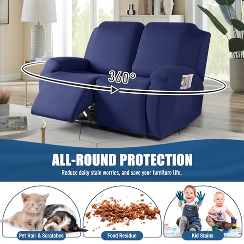 Image of TAOCOCO Stretch Recliner Loveseat Cover 2 Pieces Couch Covers for 2 Seat Reclining Sofa, Soft Polyester Fabric Washable Furniture Protector Loveseat Couch Cover with Pockets (2 Seat, Dark Blue)