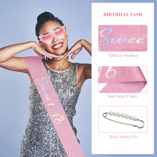 Sweet 16 Party Decorations, Birthday Sash & Glasses Set, Sweet 16 Gifts for Girls Sweet 16 Party Favors 16th Birthday Decorations for Girls4
