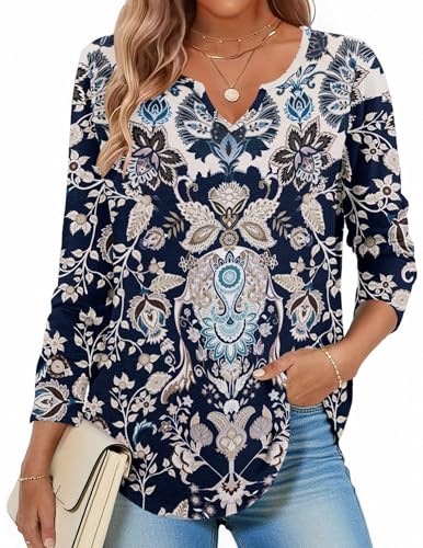 Image of Zeagoo Long Sleeve Shirts for Women Fall Tops Casual Dressy V Neck Blouses Boho Tunic Western Clothes Vacation Outfits