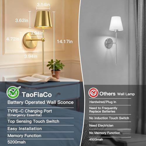 Image of TaoFiaCo Battery Operated Wall Sconces Set of 2,Wireless Wall Sconce Gold | 5200mAh Rechargeable, Remote, Timer, Dimmable, Cordless Wall Light for Bedroom Living Room, Hallway, Light Decor