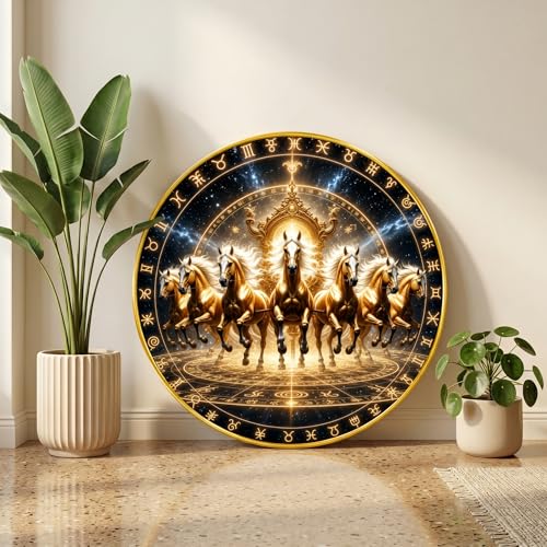 Image of SAF Om Golden Horse Vastu Round Wall Painting with Premium PVC Golden Frame, Zodiac Chakra Spiritual Art for Living Room Office Home Decor Gift (23 x 23 Inch) GR-444