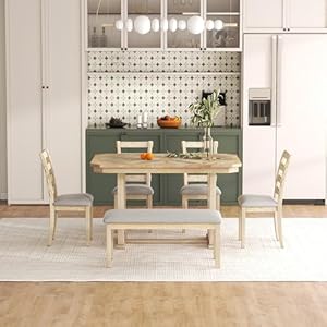 Dining Table Set for 6, Rectangular Dining Table with Upholstered Chairs and Bench, 6-Piece Table Set for Dining Room and Kitchen, Retro Dining Room Table Set with Bench, 4 Chairs, Natural Wood Wash Dining Table Set for 6 Rectangular Dining Table with Upholstered Chairs and Bench 6 Piece Table Set for Dining Room and Kitchen Retro Dining Room Table Set with Bench 4 Chairs Natural Wood Wash